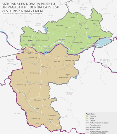 Karte par novada pilsētu un pagastu piederība latviešu vēsturiskajām zemēm